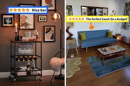 Bar cart in home and reviewers couch in home