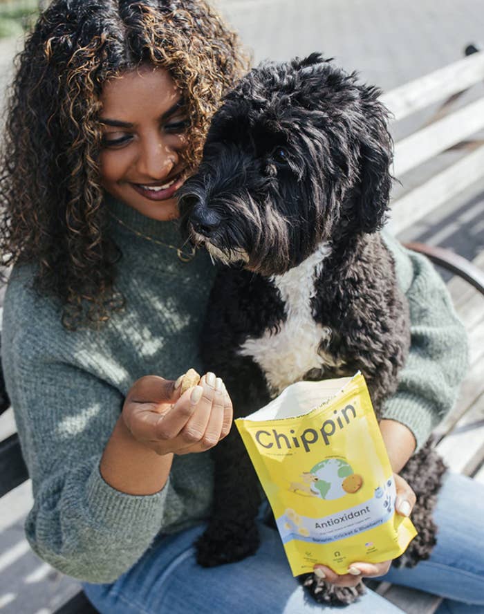 model feeding treats to a dog that's sitting on their lap