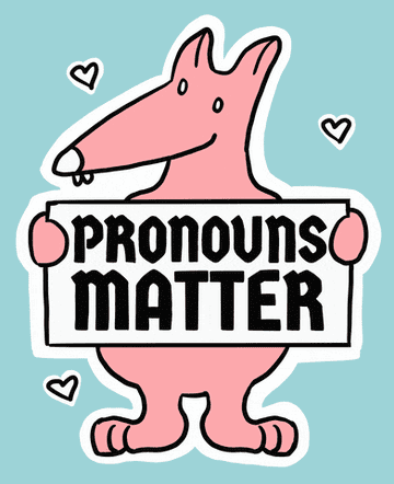 Gráfico de un animal sosteniendo un letrero que dice &quot;los pronombres importan&quot;