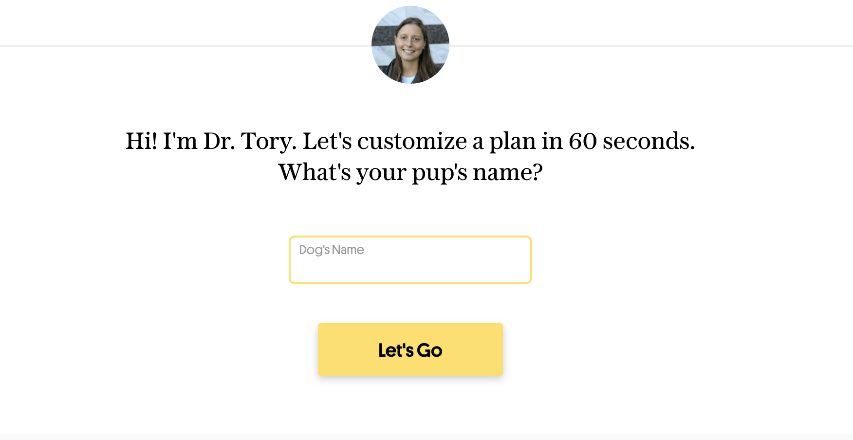 screenshot of the page where ti takes 60 seconds to customize a meal plan for your dog