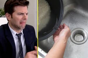 Ben from Parks and Rec looking revolted and someone dumping rice in the sink