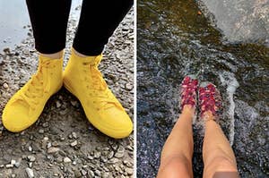 一位戴着高帮运动鞋风格的雨鞋和另一位审稿人在溪流中穿着防水凉鞋的评论者