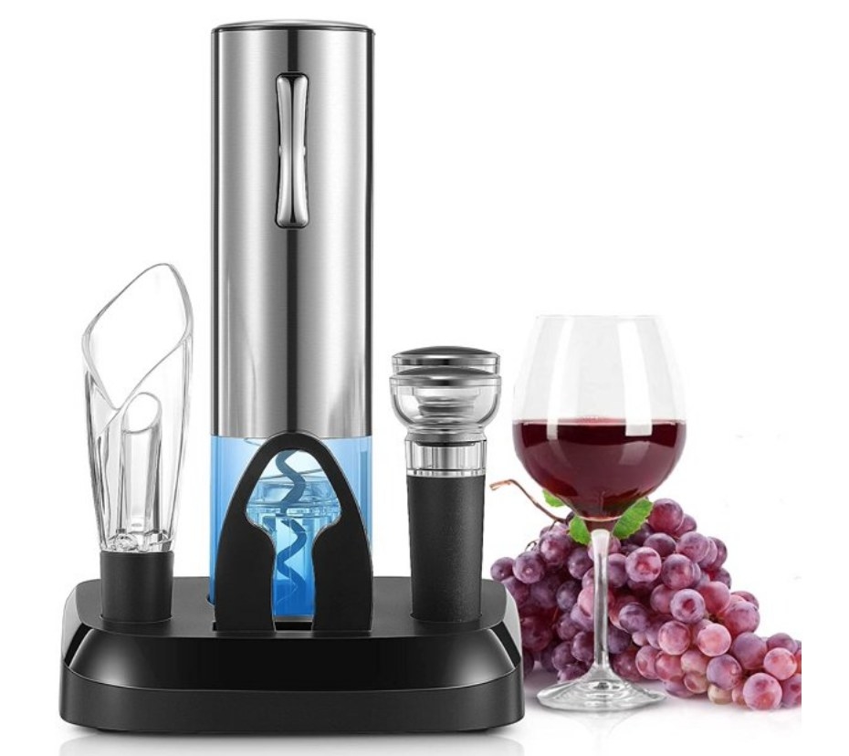 An electric wine opener, cutter, aerator, and opener on its charging base