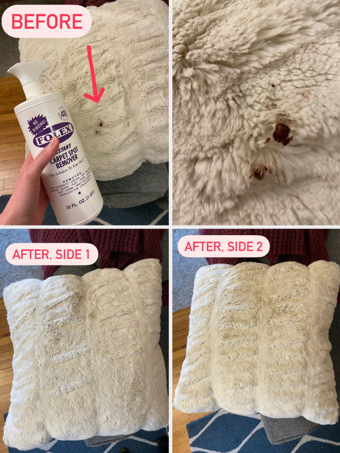 before: a close-up of a chocolate chip melted into a fuzzy pillow, all in the fuzz and after: both sides of the pillow, no chocolate stain in sight