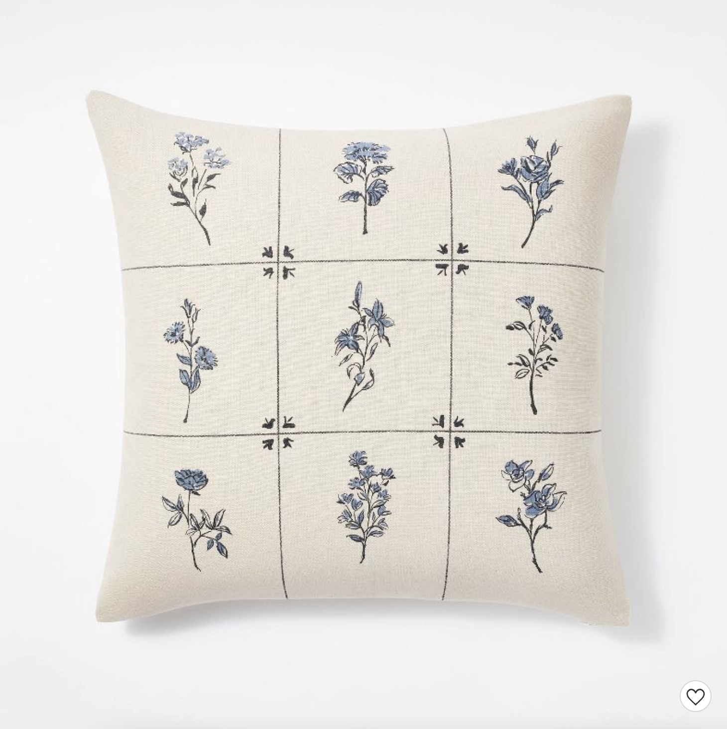 Throw pillow with design split into nine quadrants featuring different flowers