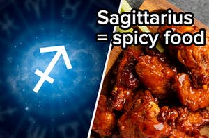 A Sagittarius sign is on the left with hot wings on the right labeled, "Sagittarius = spicy food" on the right