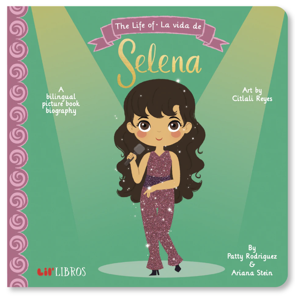 the book cover with a young looking cartoon Selena holding a mic