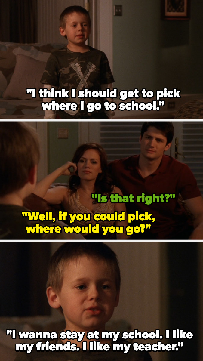 on one tree hill, jamie tells nathan and haley he should be able to decide where he goes to school, and says he wants to stay at his current school