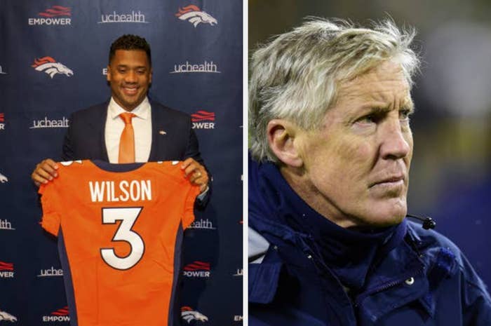Russell Wilson with a Broncos jersey and Seahawks coach Pete Carroll