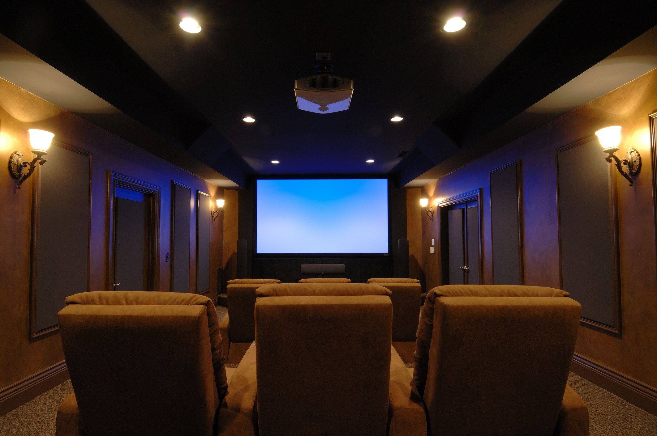 A home theater with two rows of comfy seats