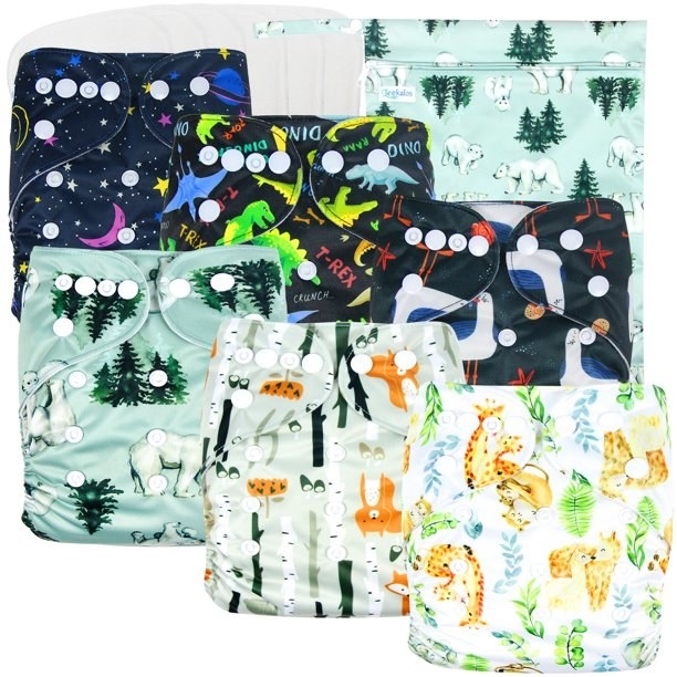 6 pack of wild animal print cloth diapers