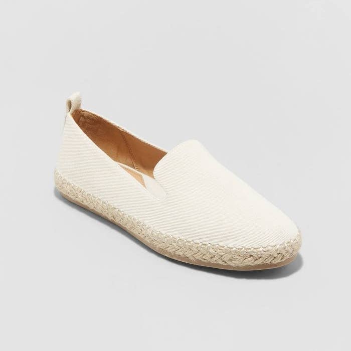 white fabric loafers with braided sole