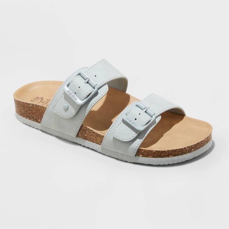 light blue dual strap sandals with tan footbed