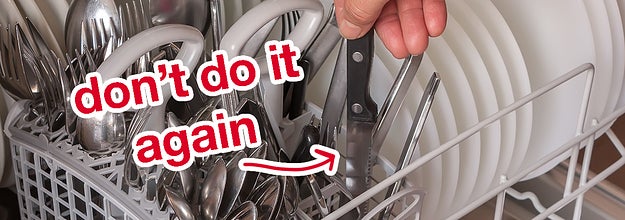 A sharp knife in a dishwasher with the caption "don't do it again"