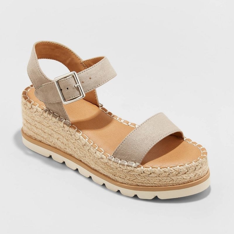 wedge sandals with woven heel and toe and ankle straps