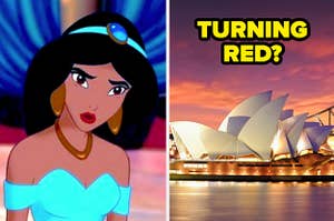 Jasmine from Aladdin looking confused and the sydney opera house with turning red written on top with a question mark