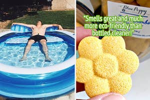 L: Reviewer lying in their inflatable pool R: yellow flower-shaped cleaning tablet with text on image that says "smells great and much more eco-friendly than bottled cleaner"