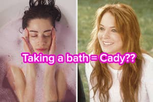 A woman lays in a colorful bath and a close up of Cady Heron smiling