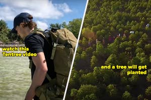 Jack Harries and a wide aerial shot of people walking through a small forest, text reads, "watch this Tentree video and a tree will get planted"