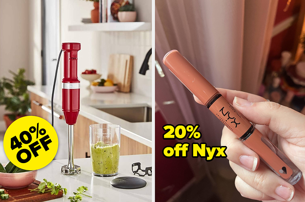 A Kitchen Immersion blender on a counter, A person holding a tube of liquid lipstick in their hand