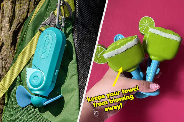A mini fan clipped to a backpack, and a person holding up chair clips in front of a plain wall