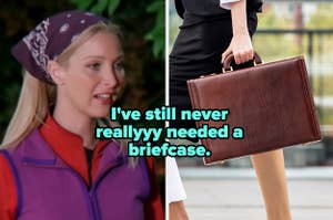 "I've still never reallyyy needed a briefcase" over phoebe buffay and a business woman holding a briefcase