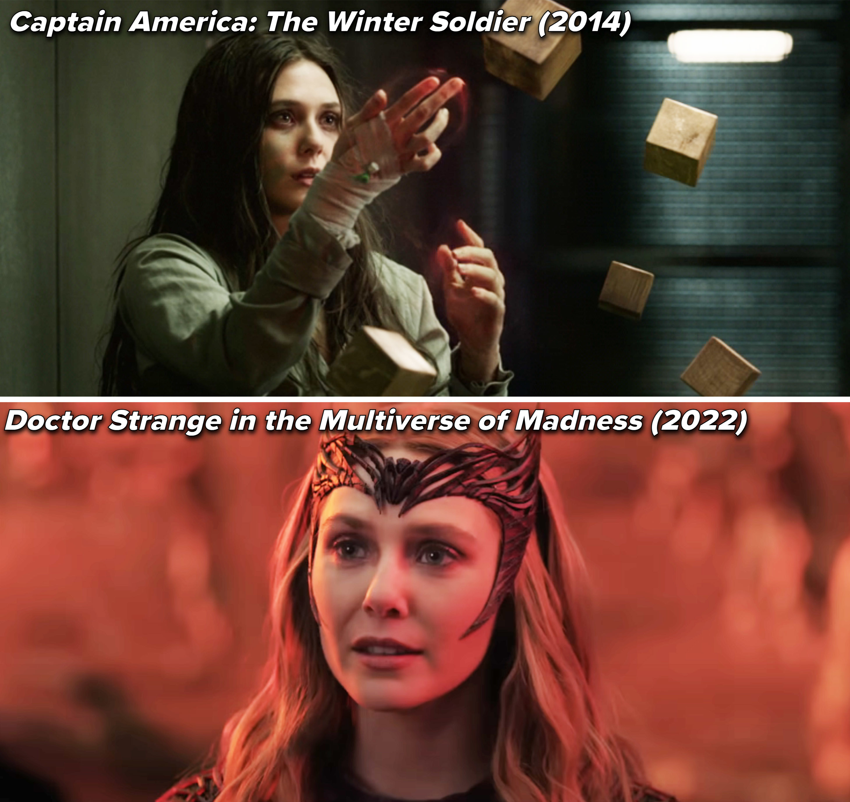 Wanda in her first appearance in the MCU in 2014 and her most recent one in 2022