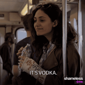 a character on a subway holding a plastic water bottle saying it&#x27;s vodka