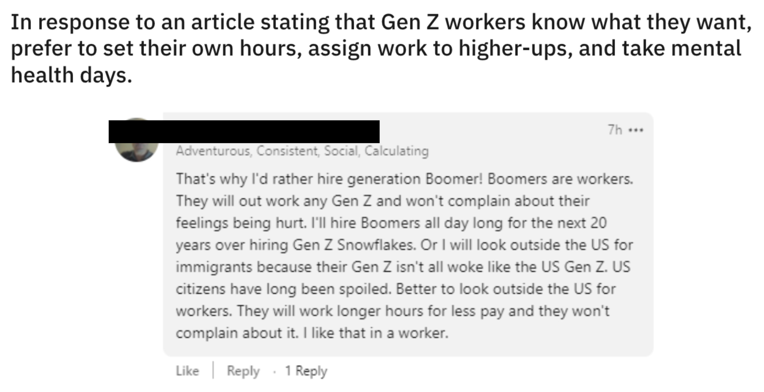 Social media post that says, &quot;That&#x27;s why I&#x27;d rather hire generation Boomer! Boomers are workers. They will out work any Gen Z and won&#x27;t complain about their feelings being hurt.&quot;
