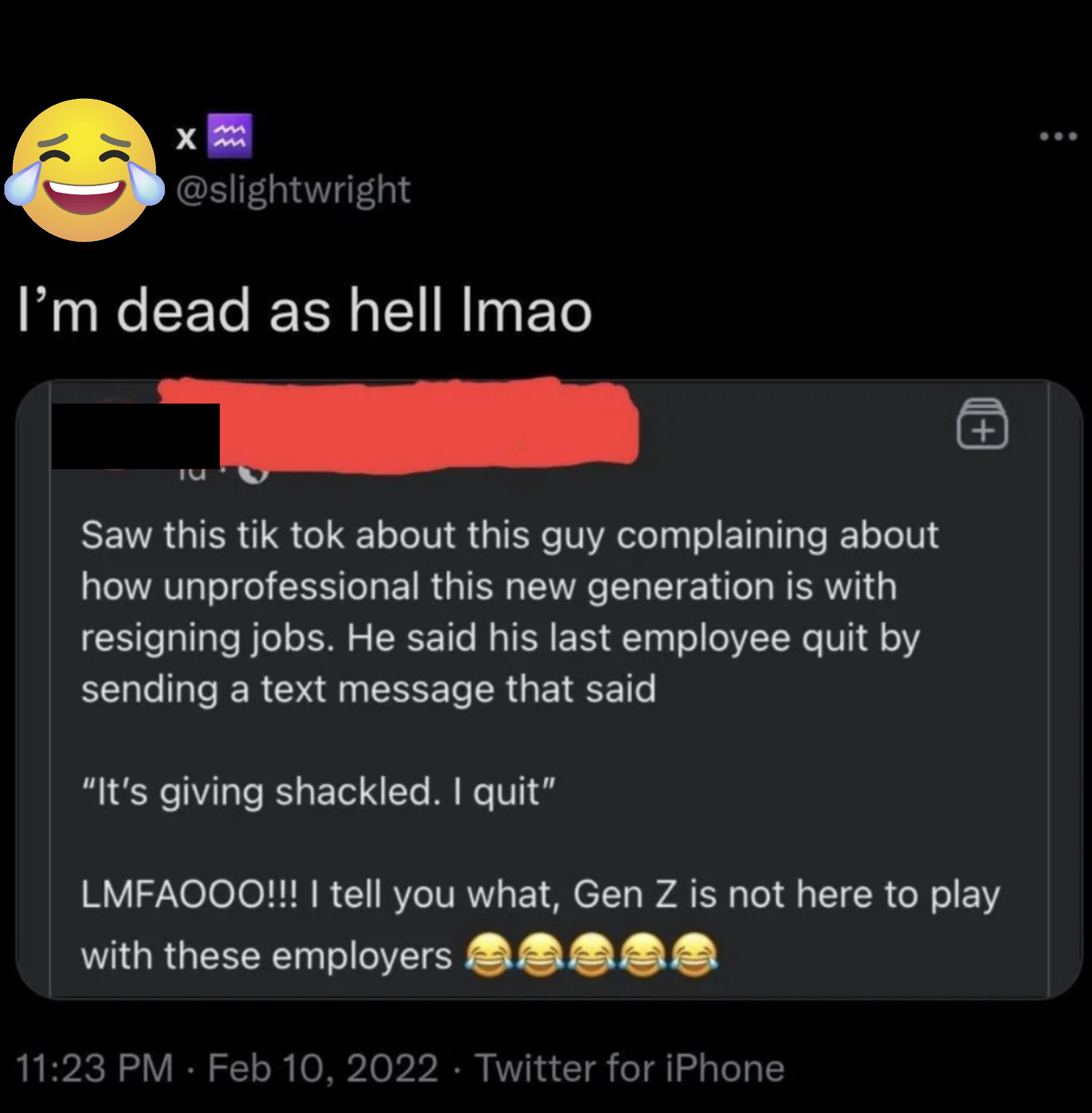 Post with the writer saying, &quot;saw this tik tok about this guy complaining about how unprofessional this new generation is with resigning jobs. He said his last employee quit by sending a text message...&quot;