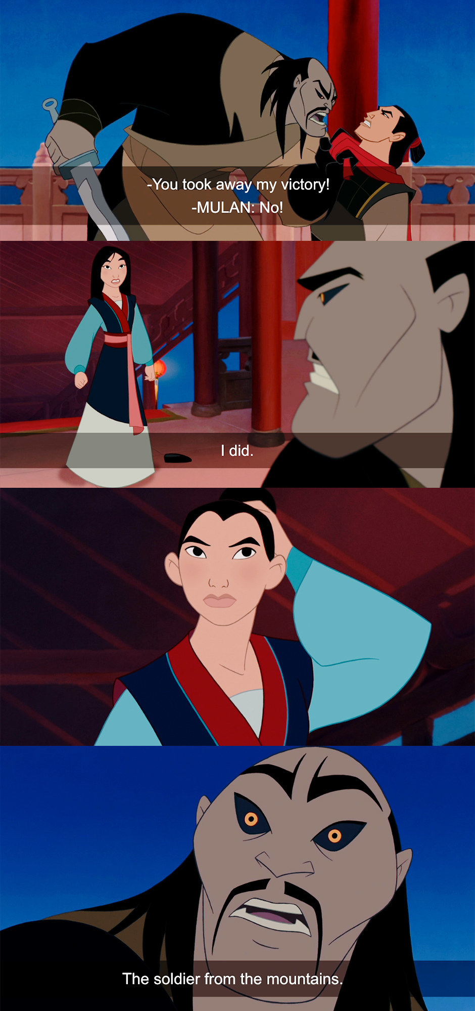 Mulan exposing herself as a woman to the other soldiers