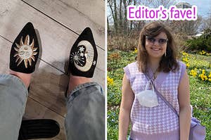 sun and moon embroidered mules and buzzfeed editor in her fave purple houndstooth sweatervest
