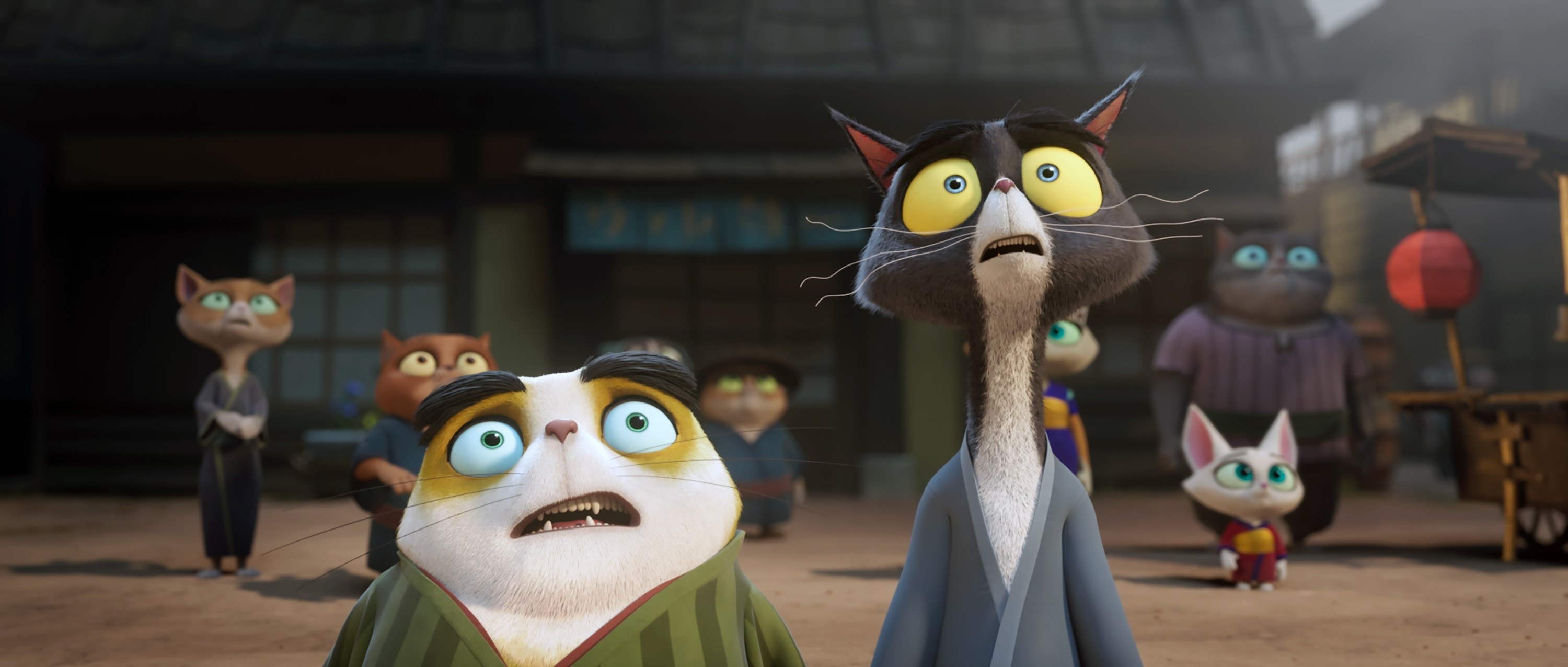 A group of animated cats look shocked