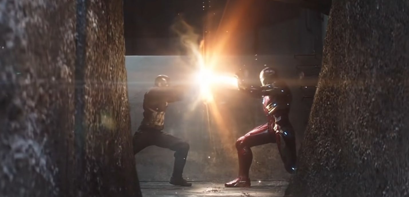Captain America blocking Iron Man&#x27;s blast in &quot;Captain America: Civil War&quot;