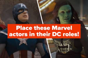 A split thumbnail, with one image of Captain America and one of Gamora, with a caption reading "Place these Marvel actors in their DC roles!"