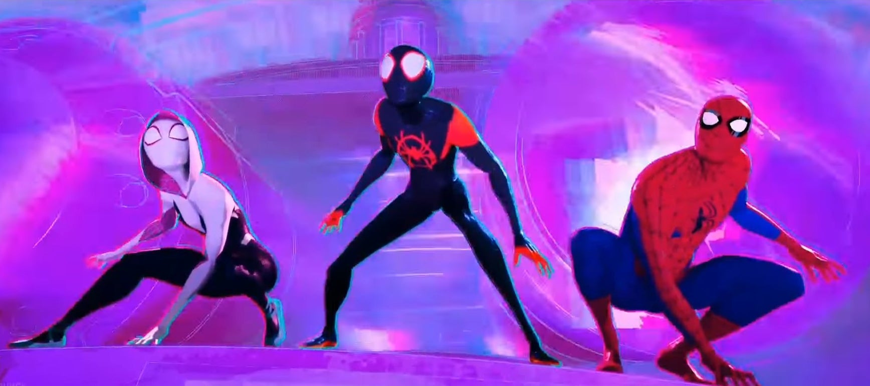 Gwen, Miles, and Peter wearing their Spider-Man suits inside Kingpin&#x27;s supercollider in &quot;Spider-Man: Into the Spider Verse&quot;