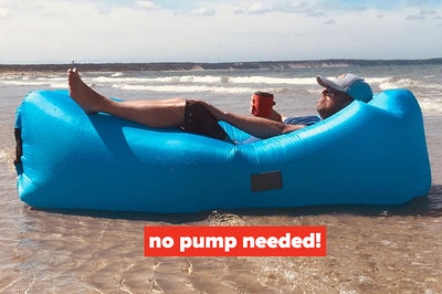 person lounging on an inflatable couch with the words "no pump needed!"