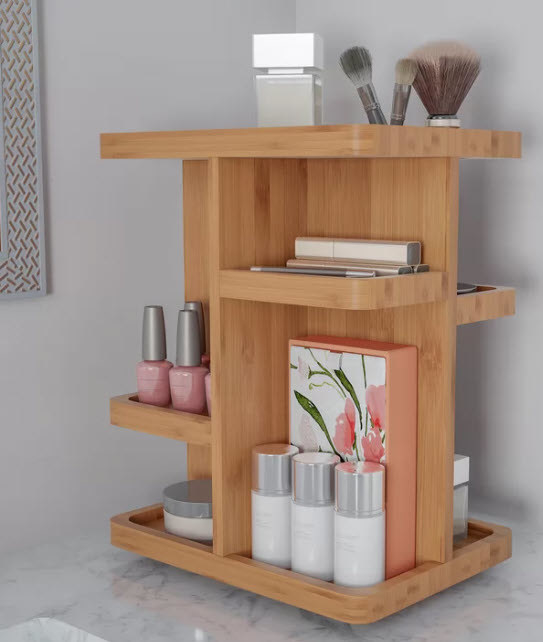 bamboo vanity organizer with shelves and storage space