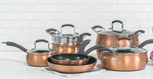 bronze colored aluminum pot and pan set