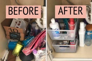 L: messy cabinet filled with boxes and random toiletries R: the same cabinet with the contents now neatly stored in a two-tier frosted glass shelf