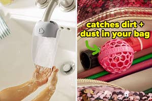 L: faucet extender for toddlers R: pink purse-cleaning ball that catches dirt and dust in your bag