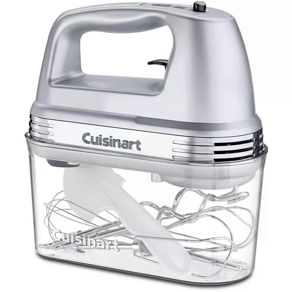 A brushed chrome hand mixer with a storage case