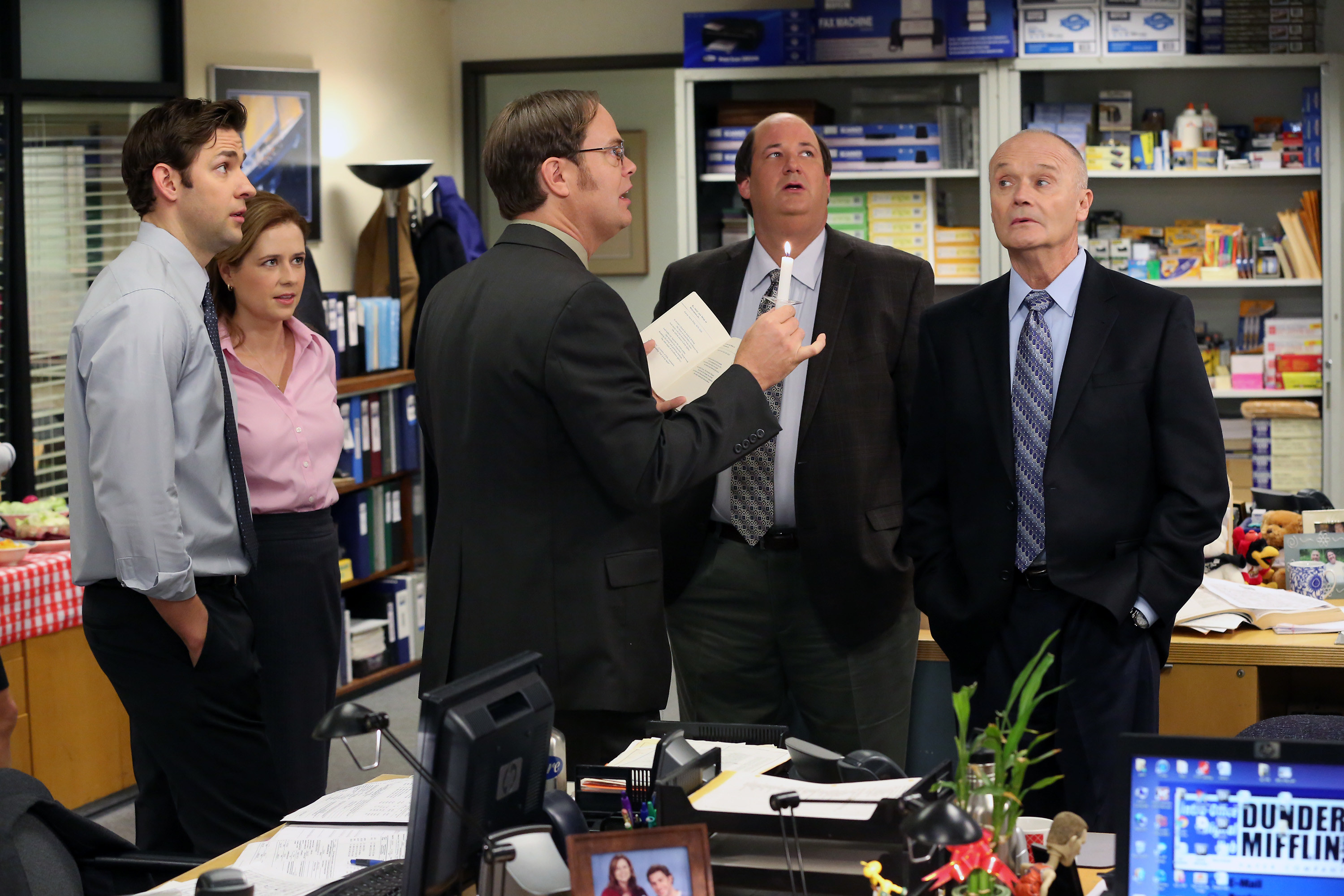 the cast talking in the office around the desks