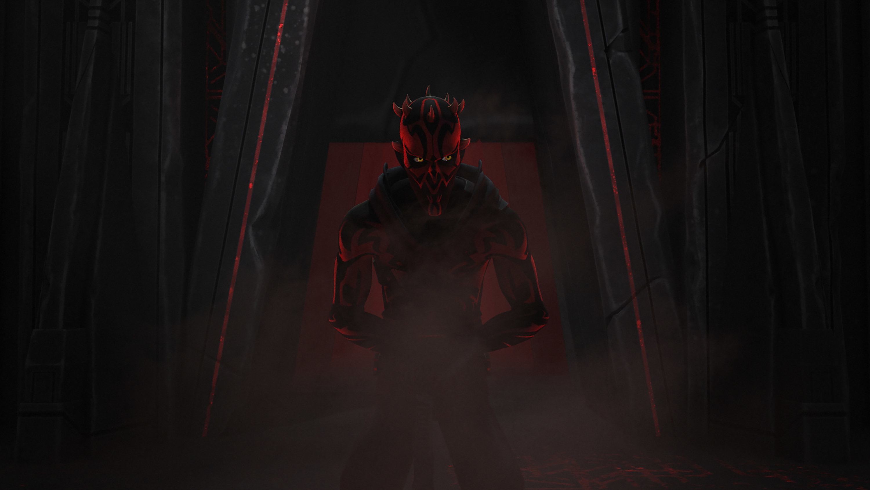 Animated Darth Maul surrounded by smoke