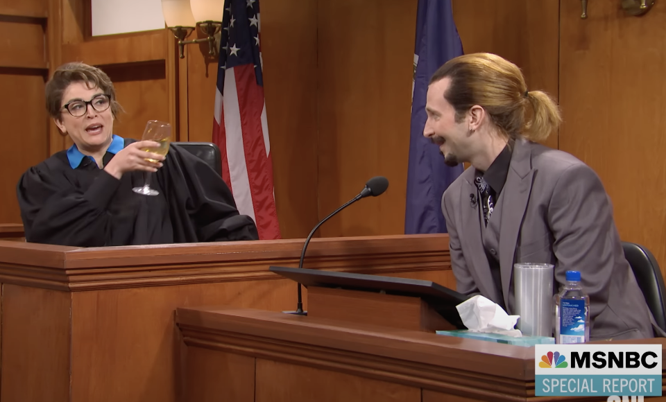 Cecily Strong as a judge and Kyle Mooney as Johnny Depp during an &quot;SNL&quot; skit.