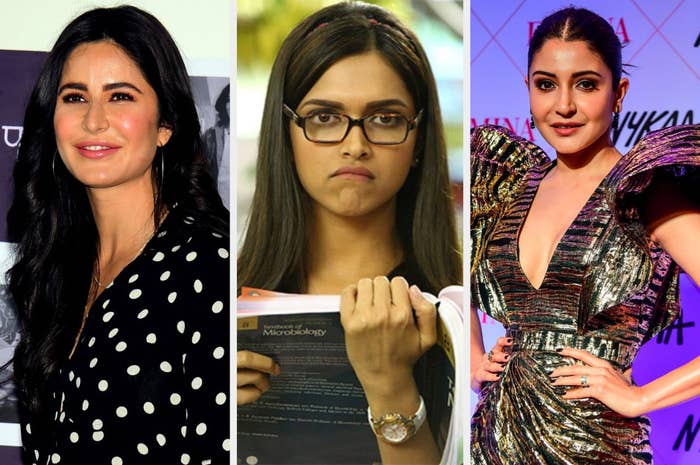 A collage of Katrina smiling, Deepika reading a book and making a face in a still from the movie, and Anushka posing with her hands on her waist