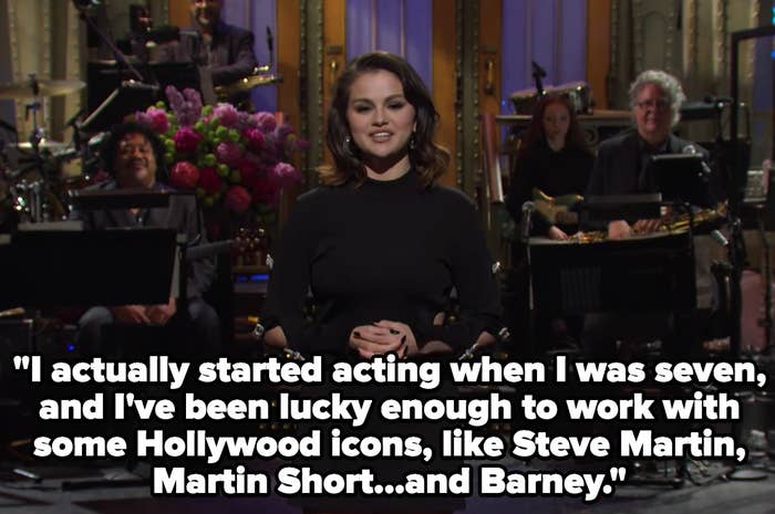 Selena Gomez saying, "I actually started acting when I was seven, and I've been lucky enough to work with some Hollywood icons, like Steve Martin, Martin Short... and Barney."