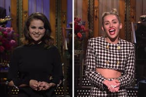 Selena gomez and miley cyrus during their snl monologues