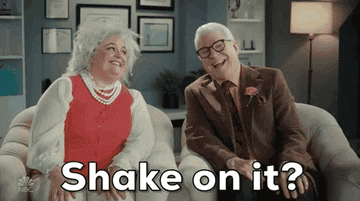Aidy Bryant and Steve Martin during a skit on &quot;SNL&quot; as he says &quot;Shake on it?&quot;