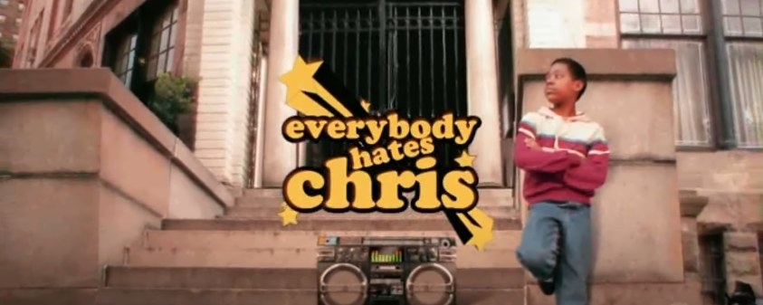 Title card of &quot;Everybody hates Chris&quot; with young Chris next to a boombox